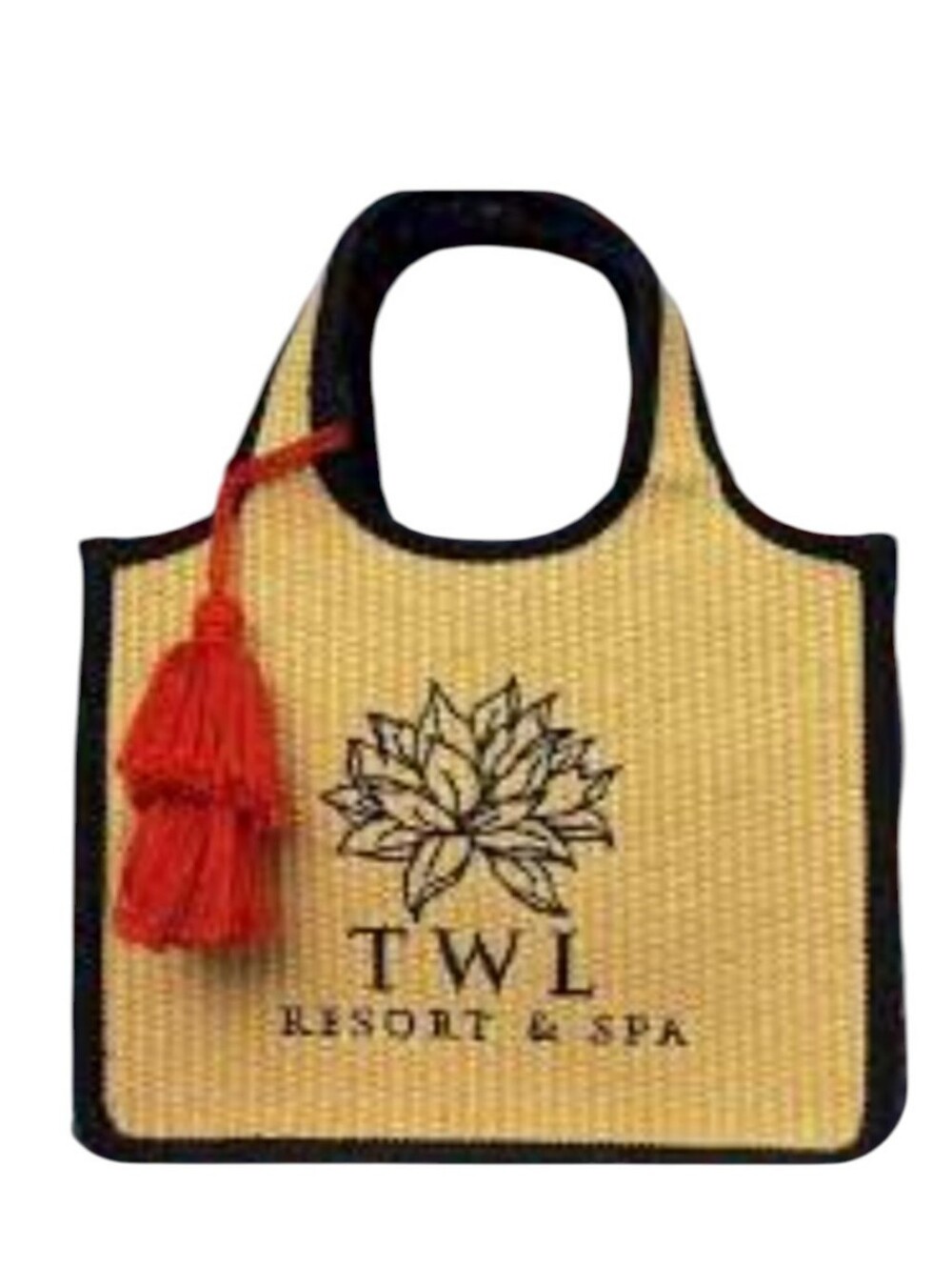 Kiehls TWL Resort & Spa Woven Straw Tote with Black Trim and Orange Tassel